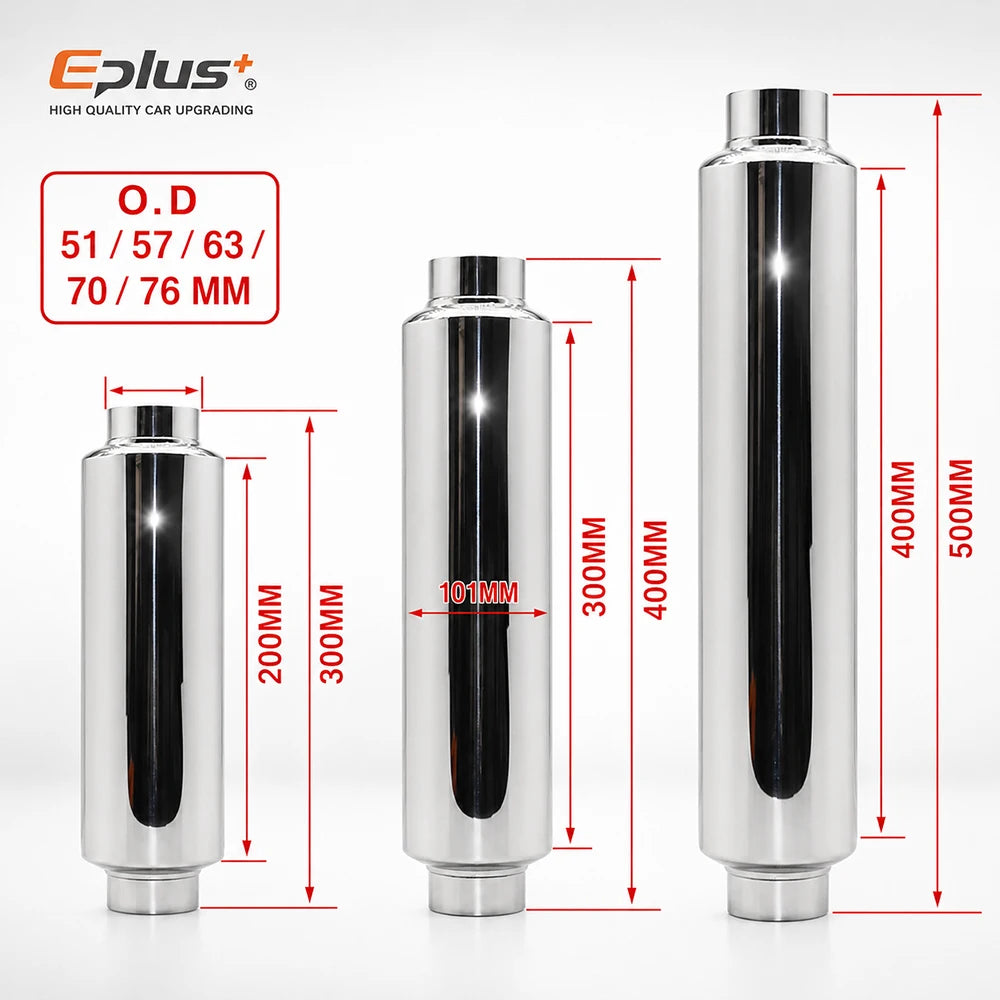 EPLUS Universal Stainless Steel Straight‑Through Car Exhaust Systems Resonator Muffler Middle Pipe Silver O.D 51/57/63/70/76MM