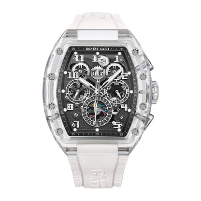BONEST GATTI Men Automatic Watch Tonneau Mechanical Wristwatch Crystal Case Rubber Band Month Week Date Multi Dial Watches