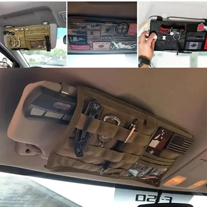 Tactical Car Sun Visor Organizer, Molle Webbing Storage Pouch, Multi-Pocket Auto Interior Holder for Cards Pens Tools