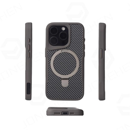 Luxury For Magsafe Shockproof Frame Armor Case For iPhone 13 15 12 14 16 17 18 Pro Max Metal Bracket Carbon Fiber Pattern Cover