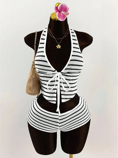 Women's Set Summer Casual Sexy Color Blocked Hanging Neck Sleeveless Tied Top + Color Blocked Elastic Waist Shorts Set