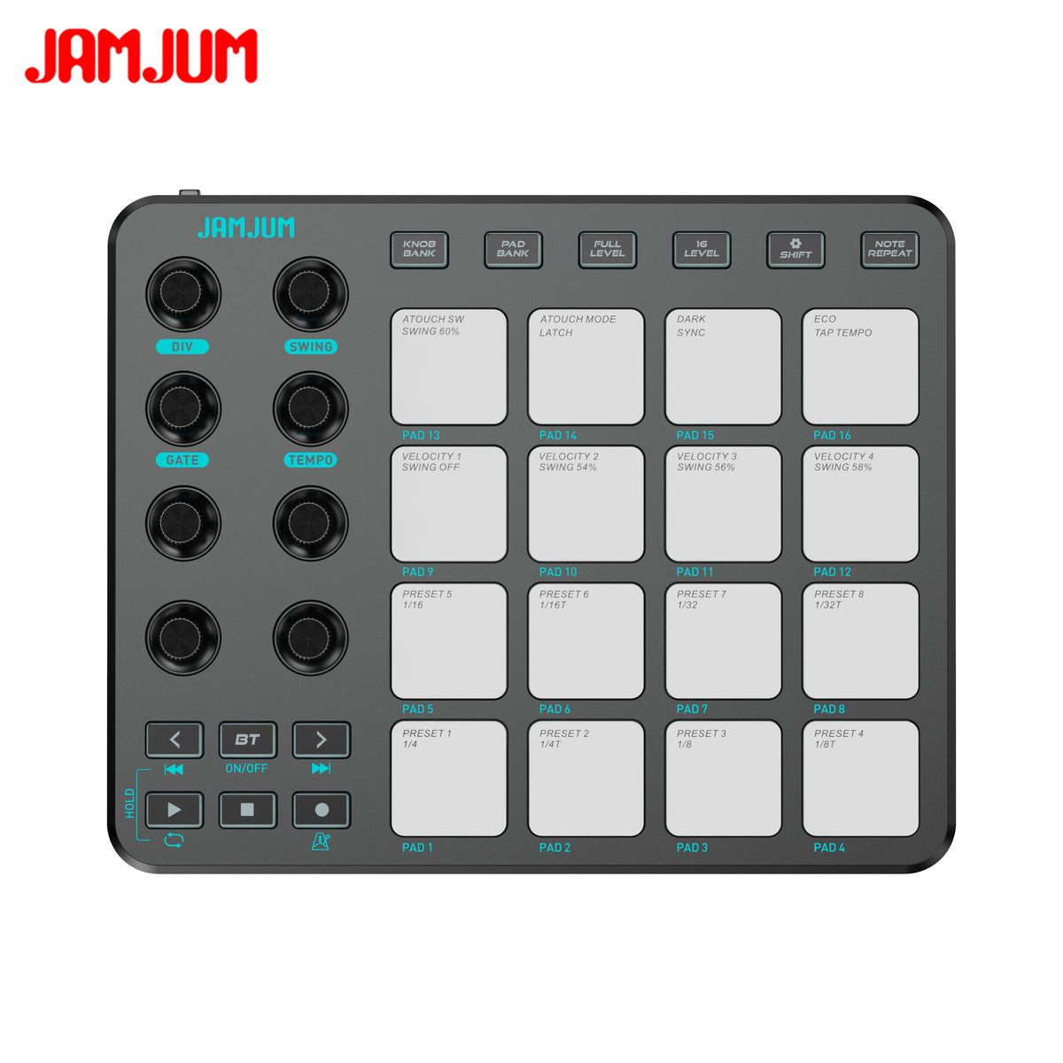 JAMJUM JP-1  Wireless MIDI Controller Pad with 16 RGB Backlit Led USB-C Interface Portable Design Small MIDI Pad