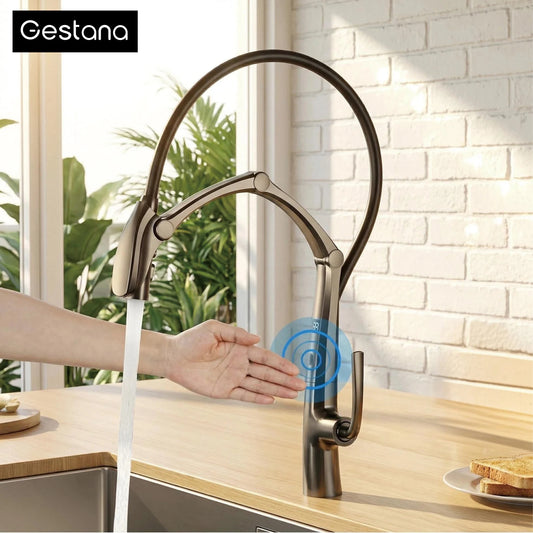 Luxury Gunmetal Brass Kitchen Faucet with LED Display,Sensor&Pull-Out 3-Function Spray,Touchless High Pressure Water-Saving Tap