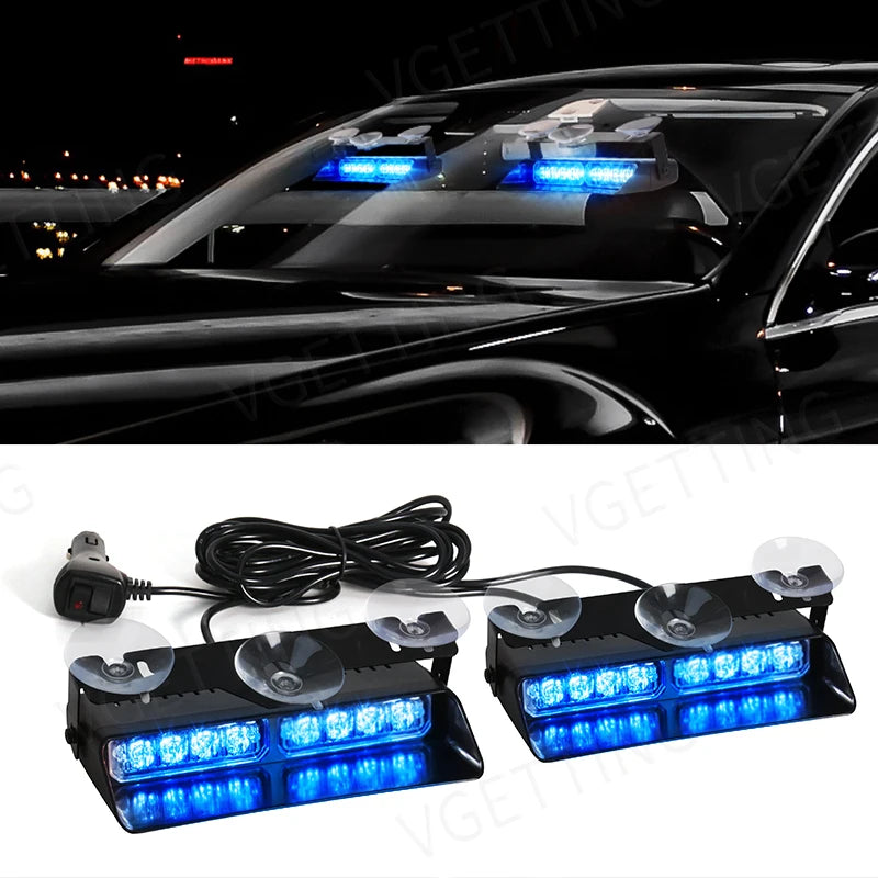 2-in-1 LED Car Front Strobe Lights For Flash Warning Lamp Windshield Bar 16 Beads Amber White Auto Light Assembly