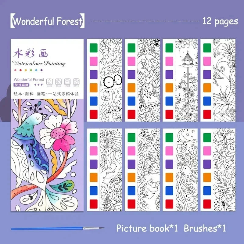 Portable Watercolor Book Set - 12 Sheets Gouache Painting with Brush, Kids Graffiti Drawing Art Stationery