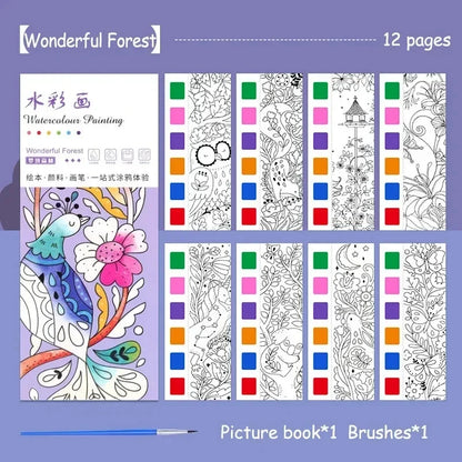 Portable Watercolor Book Set - 12 Sheets Gouache Painting with Brush, Kids Graffiti Drawing Art Stationery