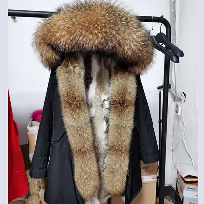 2026 Maomaokong Women's Winter Coats Rabbit Lining Jacket Natural Real Raccoon Fur Collar Parka Fox Fur Long Female Clothing