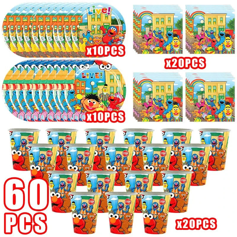 Birthday Party Decoration Set Supplies Cartoon Sesame Streets Birthday Party Supplies Tableware Balloon Cake Topper Banner Plate