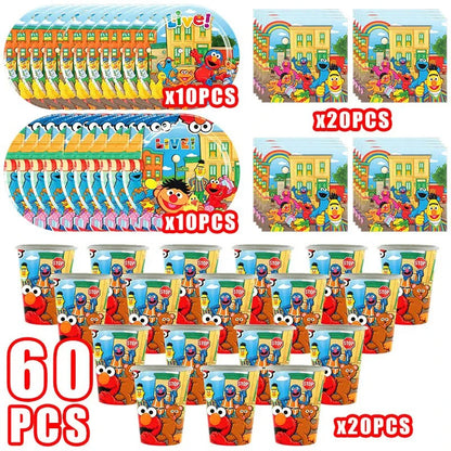 Birthday Party Decoration Set Supplies Cartoon Sesame Streets Birthday Party Supplies Tableware Balloon Cake Topper Banner Plate