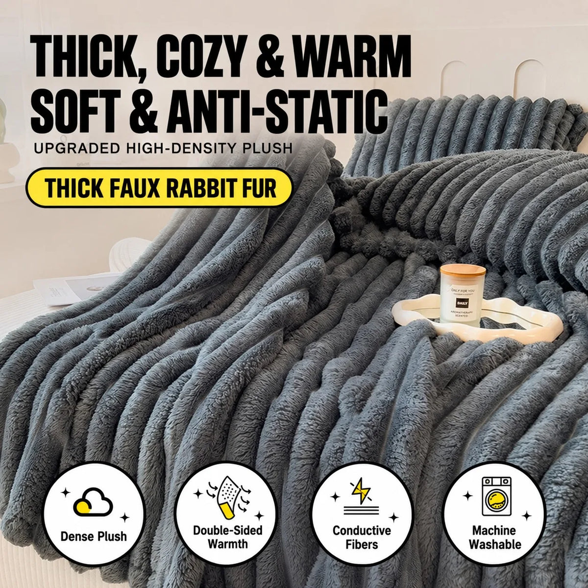 Thick Warm Wide Striped Flannel Blanket Solid Color Soft Fluffy Plush Throws for Sofa Bed Office Travel Multifunctional Blanket