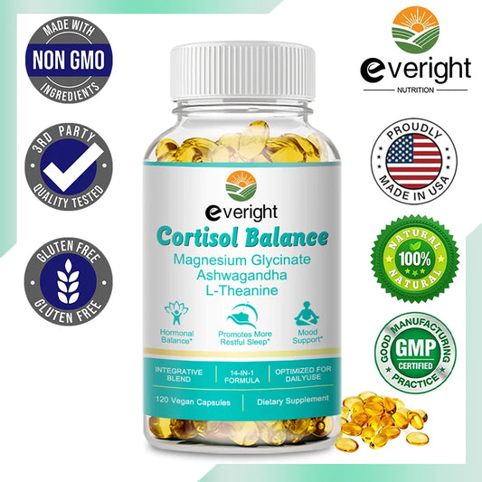 Cortisol Hormone Balance Supplement with Ashwagandha Magnesium Glycinate 14-in-1 Natural Plant-Based for Stress, Mood Health