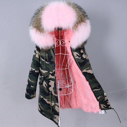 2026 Maomaokong Women's Winter Coats Rabbit Lining Jacket Natural Real Raccoon Fur Collar Parka Fox Fur Long Female Clothing