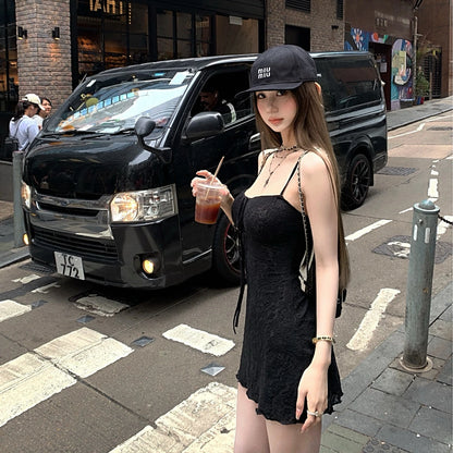 Green Textured Slip Dress for Women Retro Vacation Style Ruched High Waist Slim Fit A-line Mini Dress Pure Desire 2026
