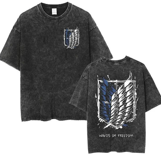 2026 Oversized Vintage Washed T-shirt Man Attack on Titan Women Short Sleeve Tee Streetwear Anime Print Casual Tops Summer Y2k