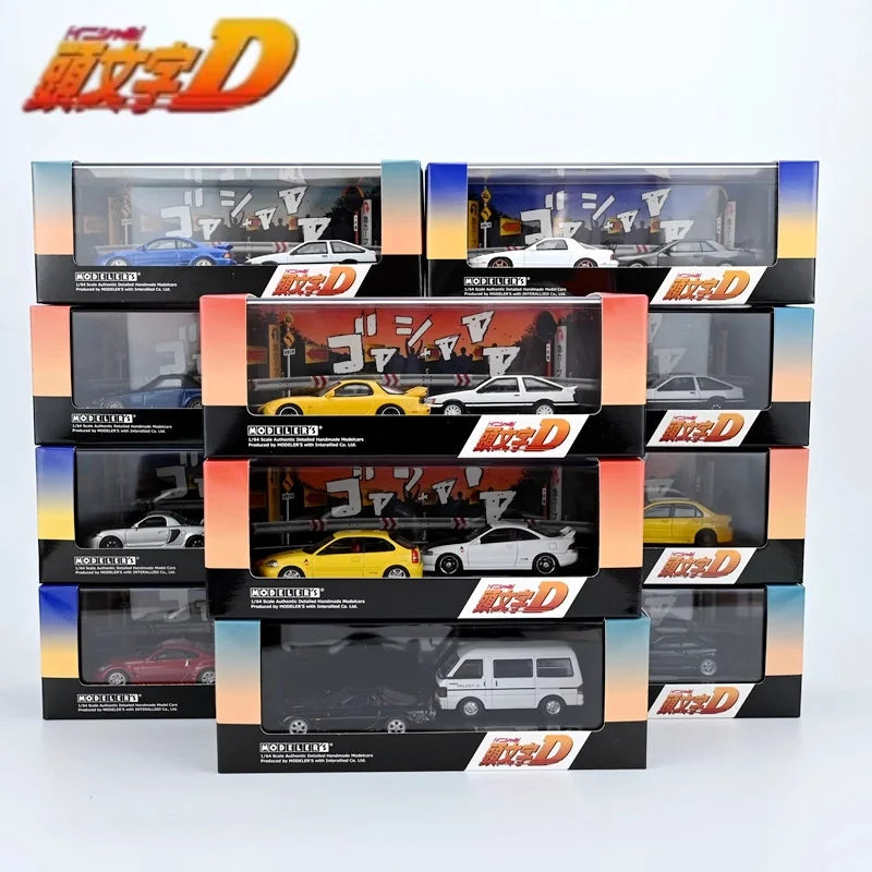 Anime 1:64 first text D AE86 RX7 NSX with scene set Alloy die-cast simulation car model,adult decoration,boy toy,children's gift