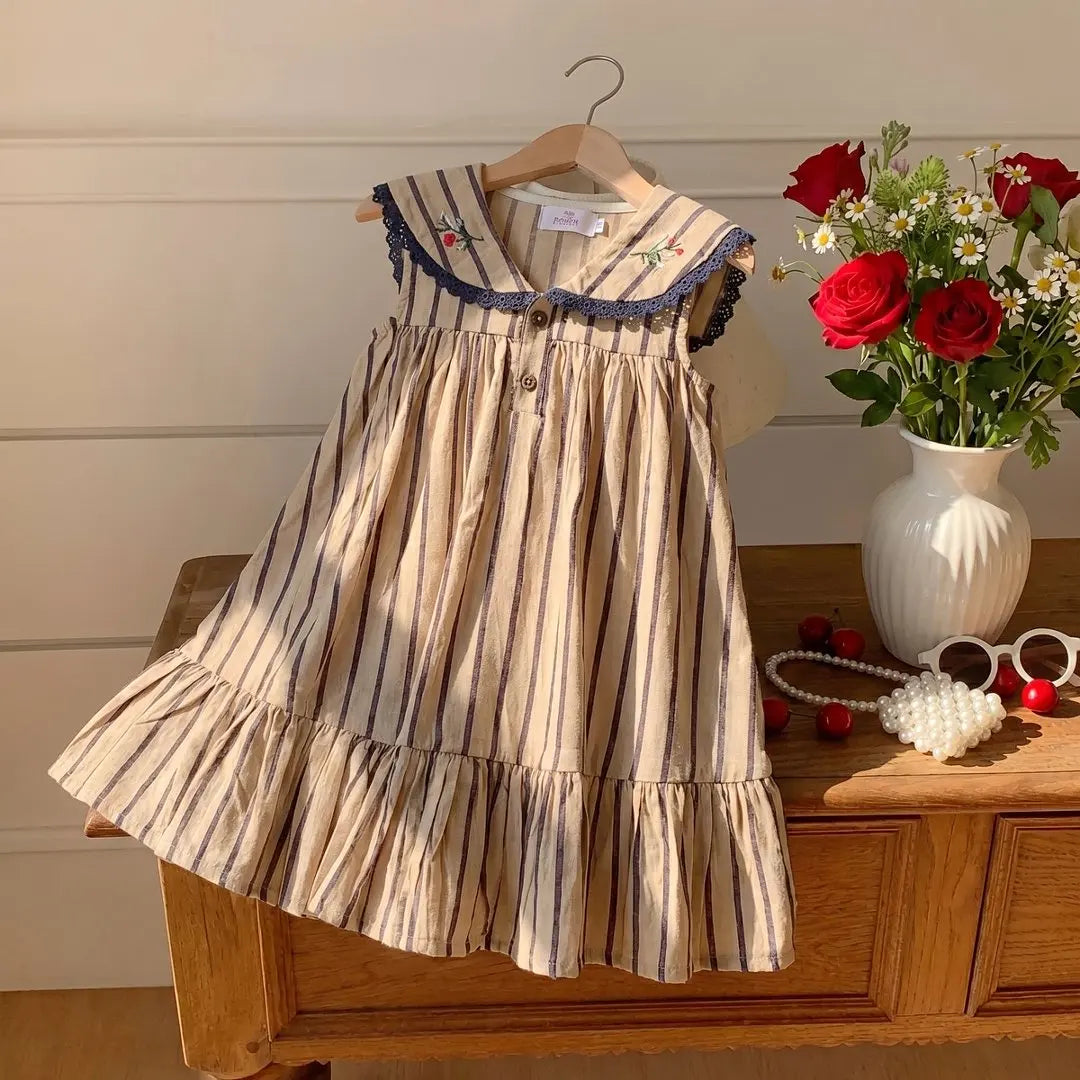 Baby Girl Pure Cotton Princess Dress Summer New Style Girls' Striped Embroidered Dress Baby Daily Wear Internet Celebrity Dress