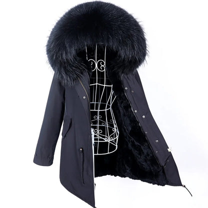 2026 Maomaokong Women's Winter Coats Rabbit Lining Jacket Natural Real Raccoon Fur Collar Parka Fox Fur Long Female Clothing