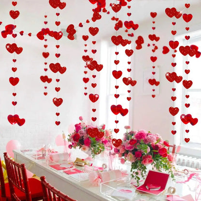 1-4PCS Red Heart Garland Metallic Glitter Hanging Heart Streamer Banner for Anniversary Mother's Day Engagement Wedding Supplies