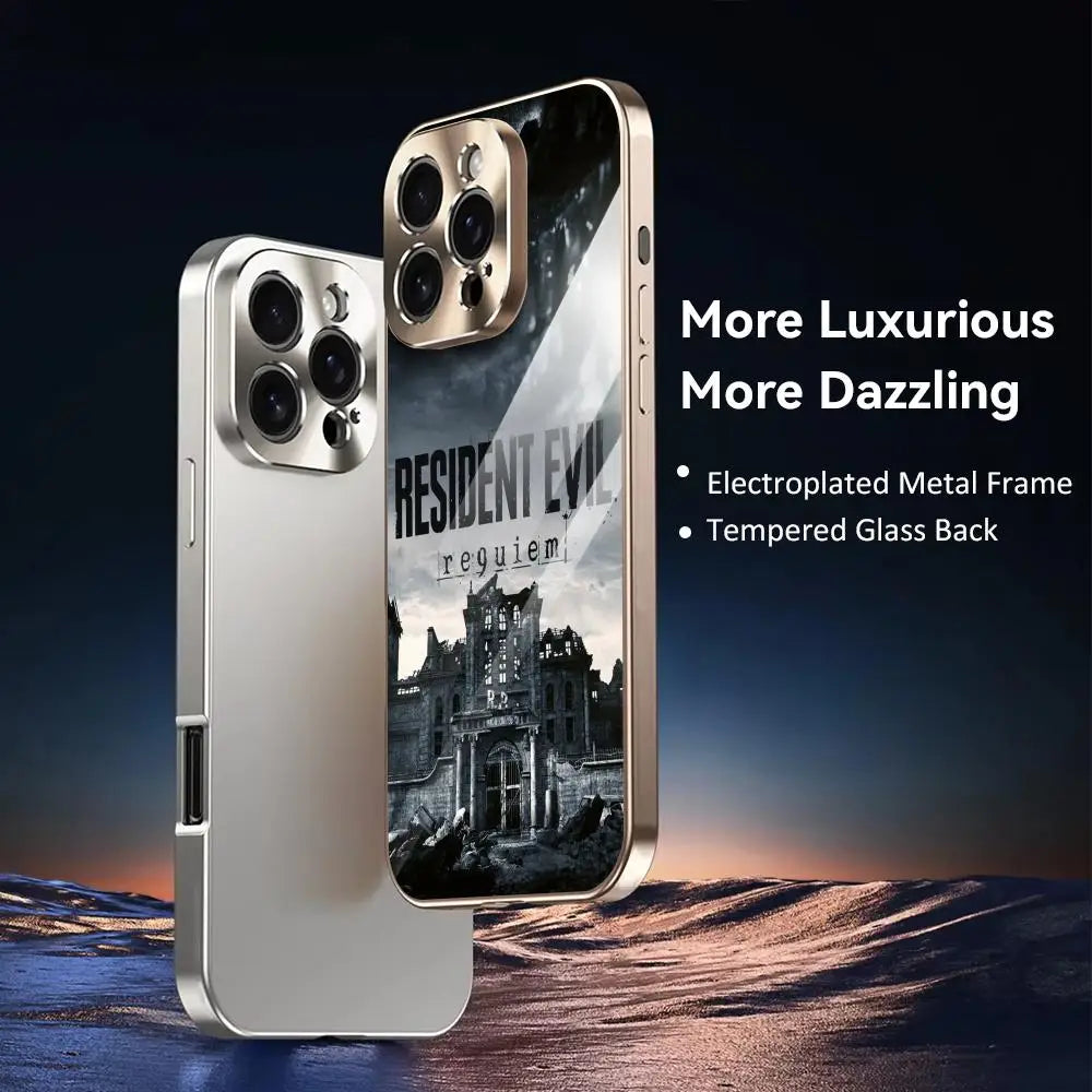 R-Resident Evil 9 Phone Case For IPhone 17 16 15 14 13 12 Pro Max Plus Electroplated Metal Bumper Case Tempered Glass Back