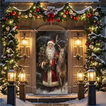 Christmas Theme Santa And Elk Backdrops Snowman Hanging Door Banner Indoor Outdoor Veranda Xmas Curtain Cover Festive Supplies
