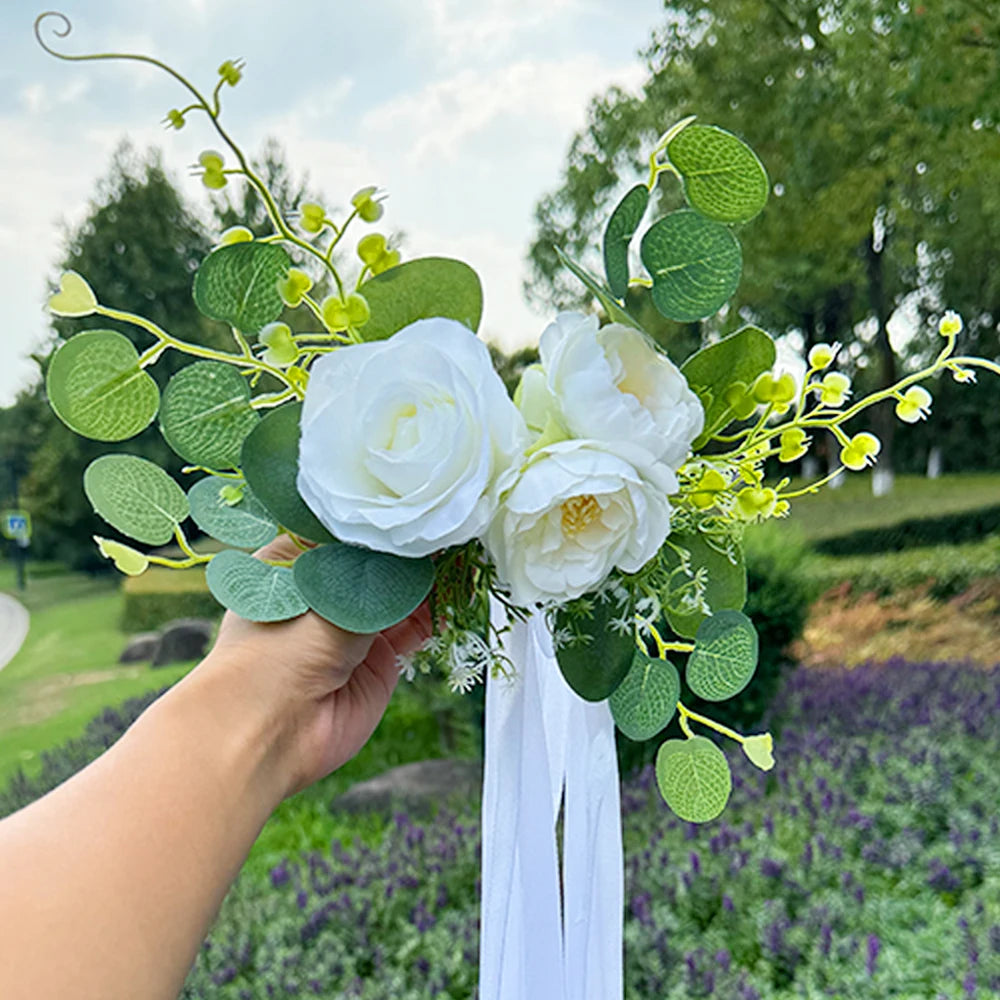 Artificial Wedding Car Flower Decorations, White Rose Car Mirror Decor, Car Accessory for Bridal Shower, Just Married,Party