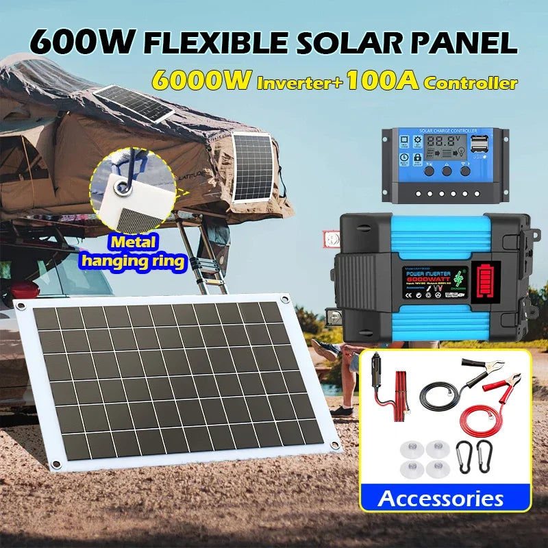 6000W Solar Inverter Kit 600W Solar Panel 12V Battery Charging Controller Complete Power Generation System 110V 220V Home