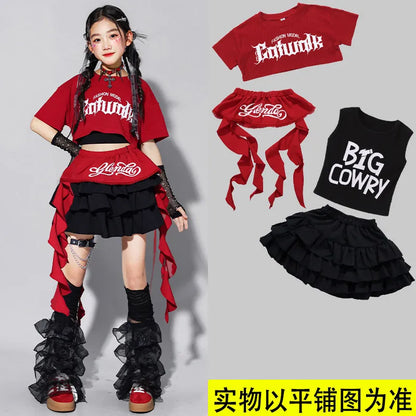 Girls K-pop Fashion Crop Top Bud Skirts Children Hip Hop Street Dance Costume Kids Streetwear Girl Group Jazz Summer Clothes Set