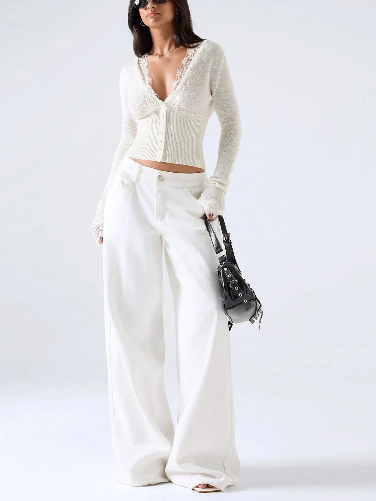 Women Lace Trim Knit Cardigan Tops V Neck Long Sleeve Button Down Cropped Sweater Vintage Slim Fit Sheer Mesh Knitwear Elegant L