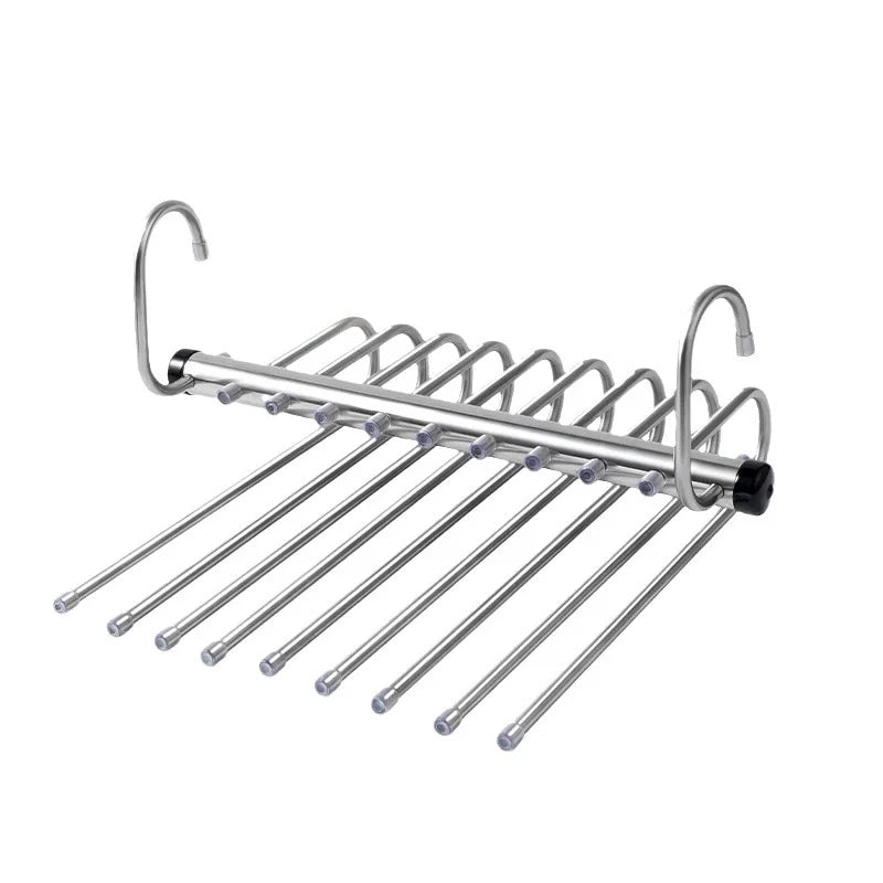 Stainless Steel Folding Pants Hanger – Multi-Layer Magic Clips & Retractable Space-Saving Organizer