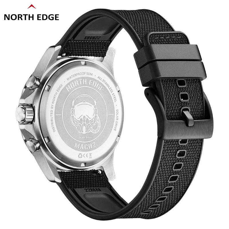 NORTH EDGE Men's Watches Solar Power 316 Stainless Steel Case Quartz Watch For Men Pilot Waterproof 50m Stopwatch MACH 2