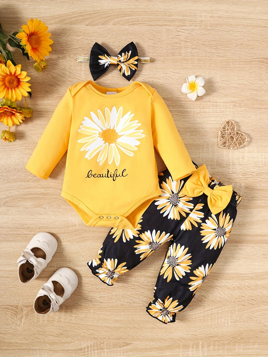 Baby and toddler daisy print letter long-sleeve romper and long pants set