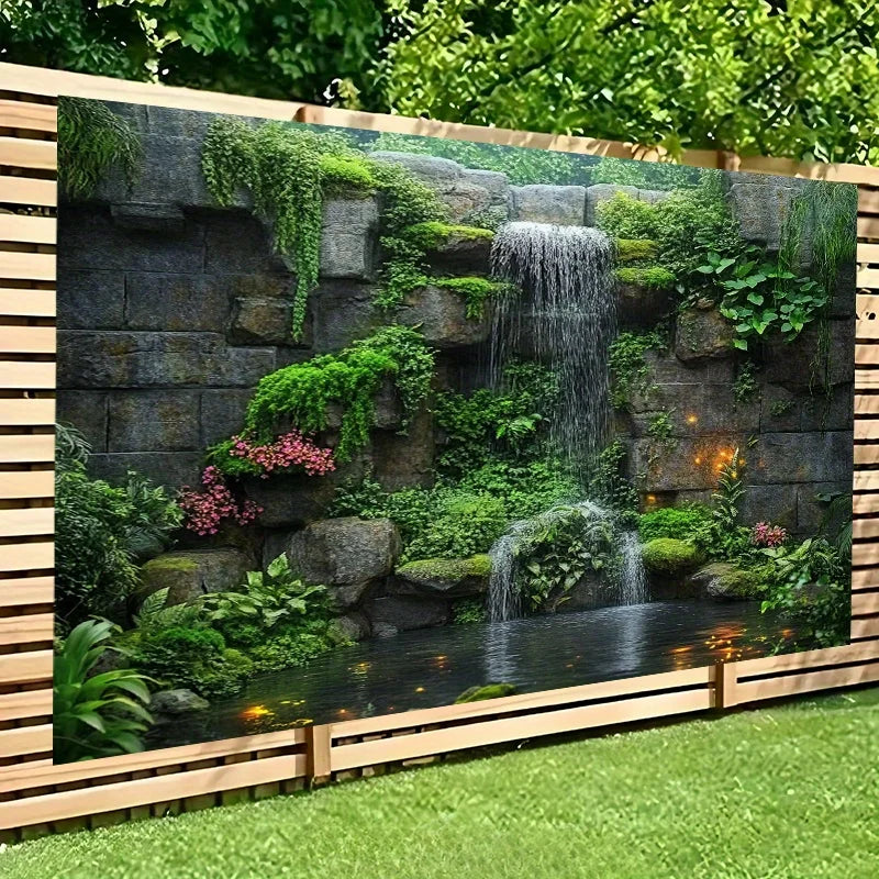Stone Waterfall Mossy Rocks Garden Tapestry Zen Meditation Space Outdoor Patio Decor Tranquil Flowing Water Natural StoneTexture