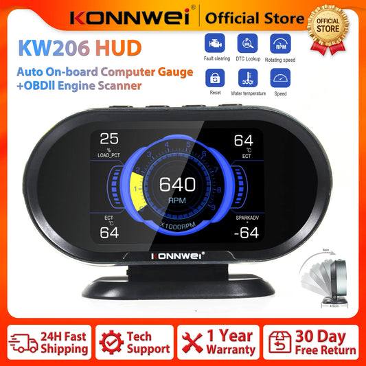 2026 KONNWEI KW206 Car OBD2 HUD Digital Instrument Computer Intelligent OBD Speedometer Water Temperature Fuel Pressure Tester