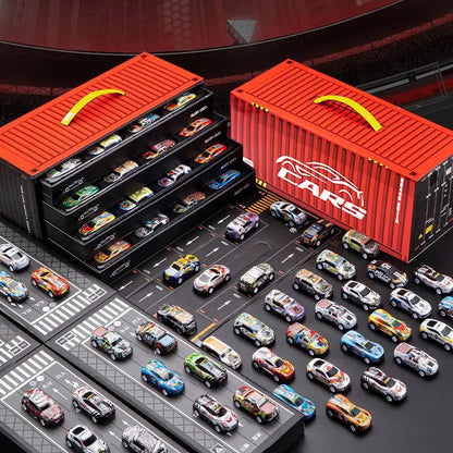 48-piece alloy car set gift box with various tin cars displayed on a racing track layout.