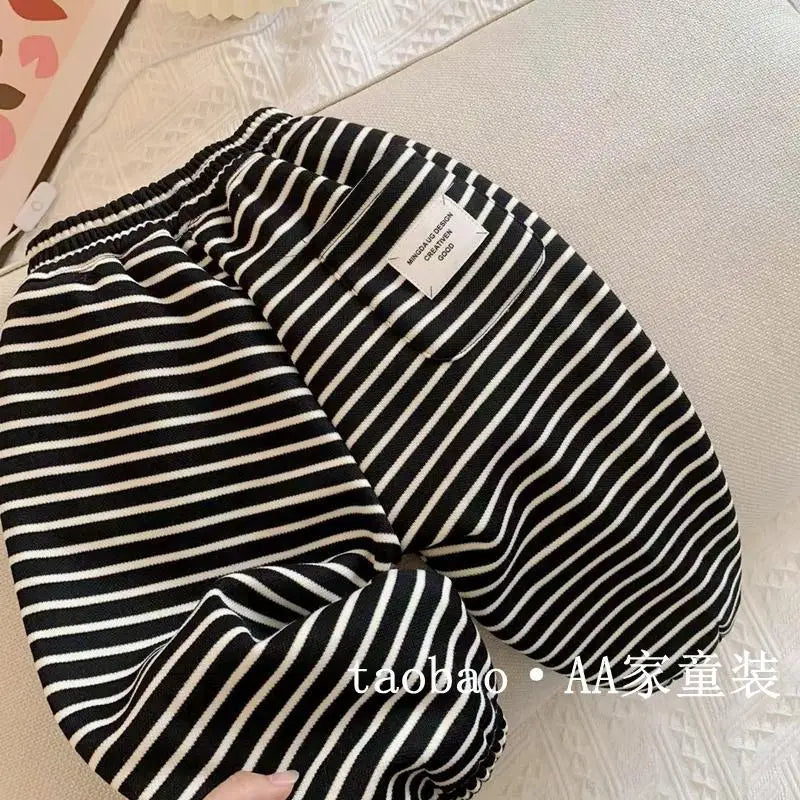 Autumn Winter Boys' and Girls' Sports Plush Pants New Korean Edition Striped Children's Pant Boys Pants Girls Winter Clothes