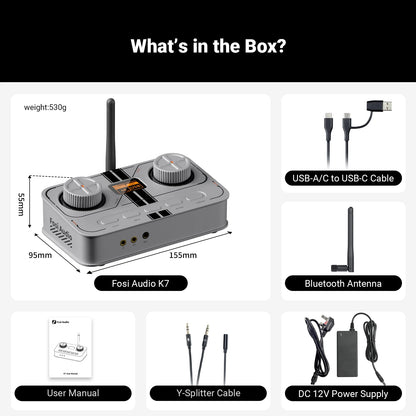 Fosi Audio K7 Bluetooth Gaming Headphone Amplifier Planar Headphone HiFi DAC AMP Mic Input USB Gaming DAC for PS5 PC Switch