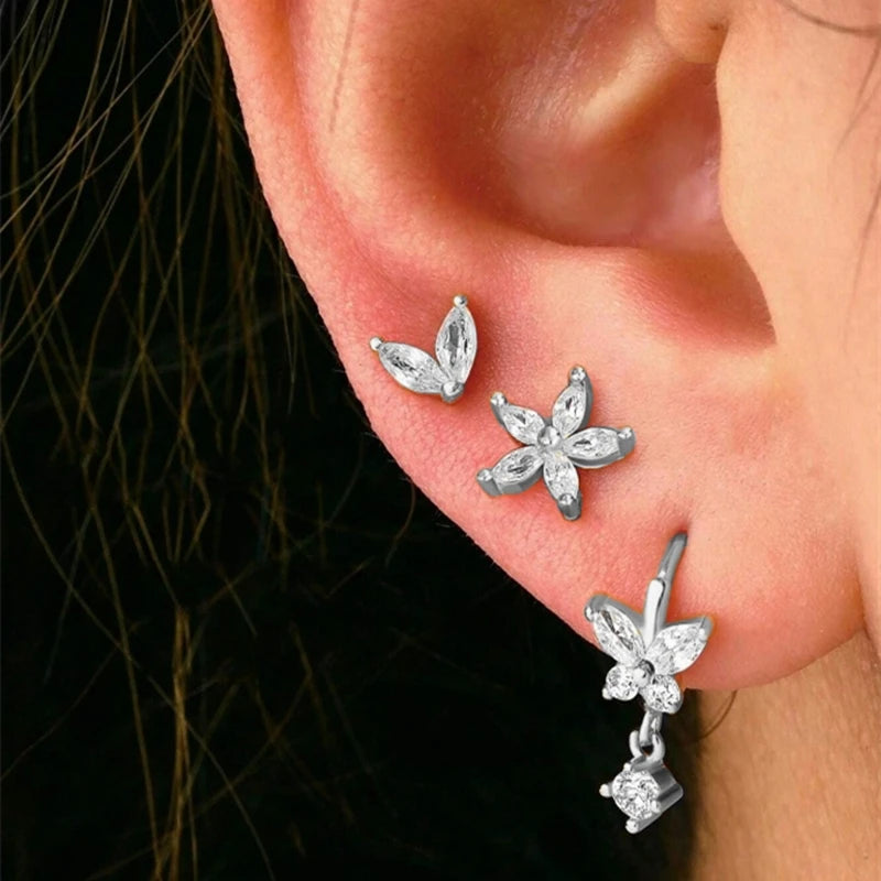 3PCS Stainless Steel Gold Color Circle Hoop Earrings Set for Women Simple Zircon Flower Stud Earring Cartilage Piercing Jewelry