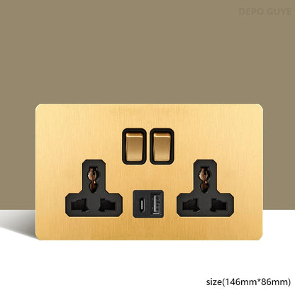 Retro Wall Light Toggle Switch Dual EU FR Socket Gold Stainless Steel Brushed Panel  Vintage Brass Lever For Home Improvement