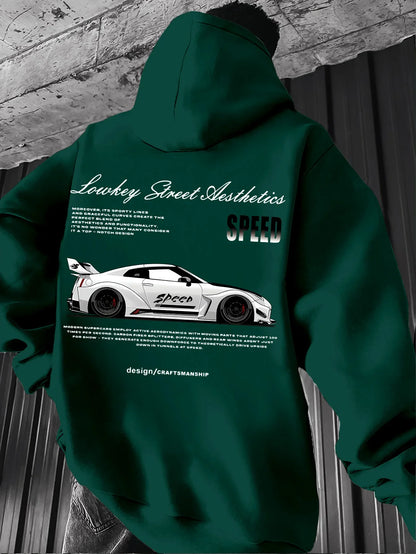 2026 New Arrival Sports Car Graphic Hoodie for Men White Street Racing Aesthetic Pullover with SPFRD Letter Print Streetwear