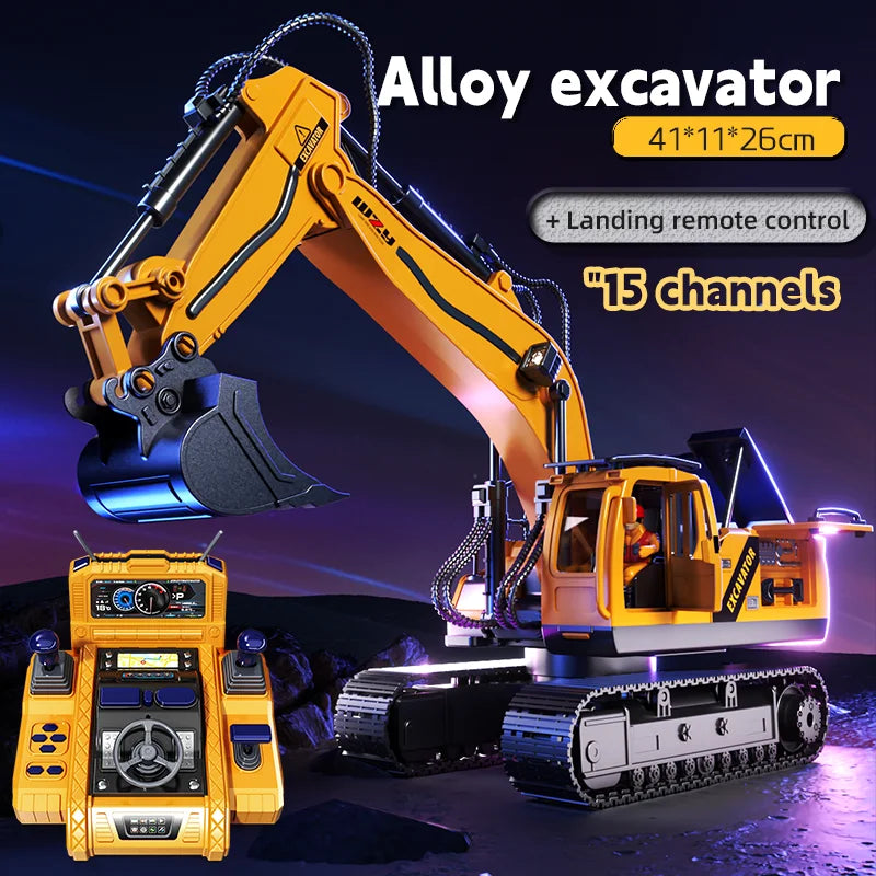Large Alloy RC Excavator Remote Control Construction Vehicle with Operation Console, LED Light, 680° Rotation, Digger Truck Toy