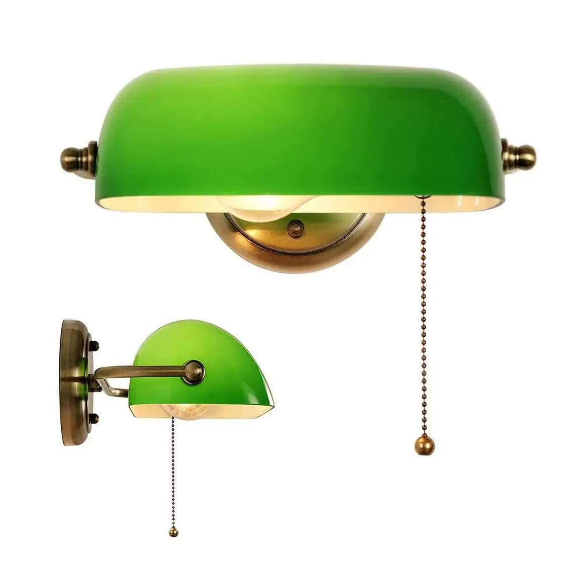 Green Glass Bankers Lamp Shade Adjustable Wall Light with Pull Chain Switch Hard Wired for Bedroom Sconce Fixture