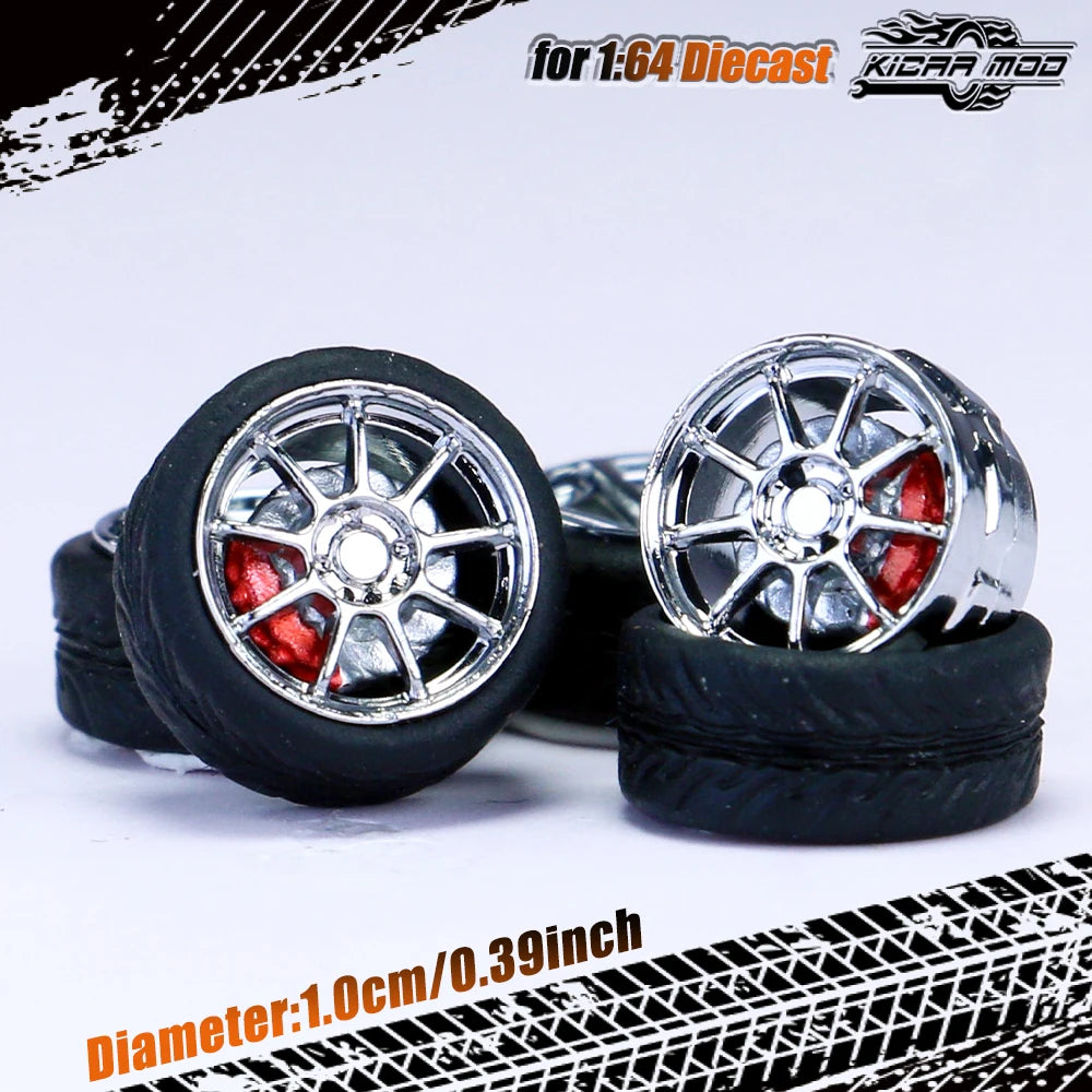 Kicarmod 1/64 Model Car ABS Wheels with Rubber Tire Brake Disc Refitting Parts Diameter 10mm For Model Car Tomica