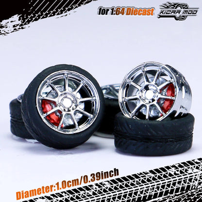 Kicarmod 1/64 Model Car ABS Wheels with Rubber Tire Brake Disc Refitting Parts Diameter 10mm For Model Car Tomica