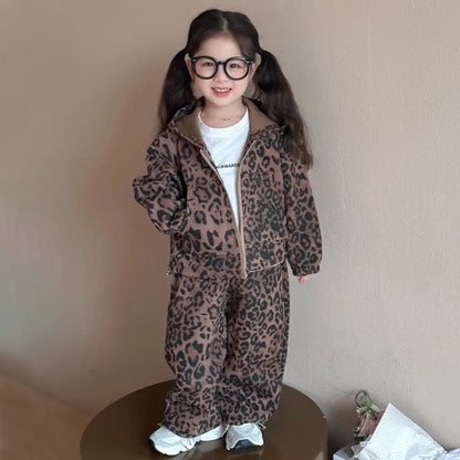 Girls Suit 2025 Autumn and Winter New Children's Clothing Korean Style Girl Baby Fashion Leopard Print Hoodie Sports Two Sets