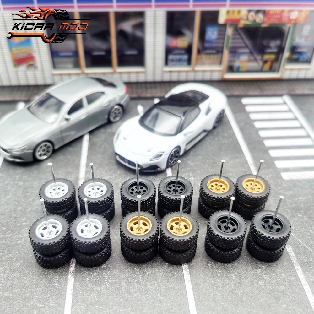 1/64 Wheels Fixed Rubber Tires All Terrain for Toy Model Diecast Cars Refitting Parts for MINIGT (5 Sets for 5 Cars)