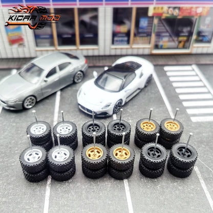 1/64 Wheels Fixed Rubber Tires All Terrain for Toy Model Diecast Cars Refitting Parts for MINIGT (5 Sets for 5 Cars)