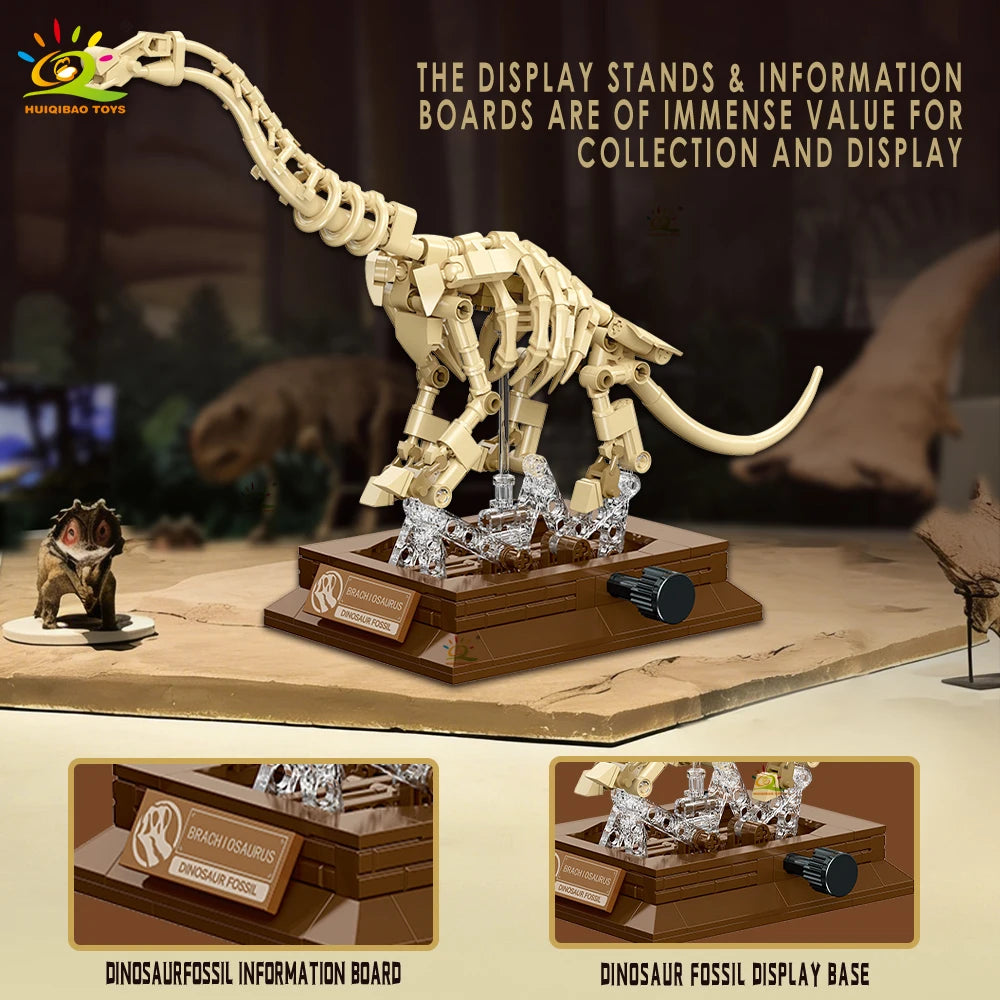 HUIQIBAO Dinosaur Skeleton Fossil Model Building Blocks Triceratops Velociraptor Dino Jurassic Series Bricks for Children Toy