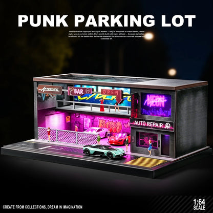 1:64 Scale Car Garage Diorama Model Assemble LED Lighting Car Parking Lot Backdrop Display Scene Model Toy Collection Gift
