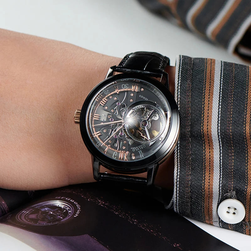 OBLVLO Luxury Retro 45mm Dial Skeleton Automatic Watches For Men Calfskin Strap Mineral Crystal Waterproof Mechanical Watch VM