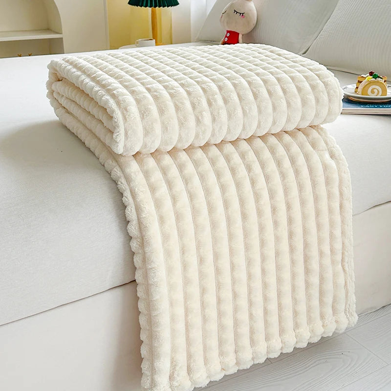 New Simple 3D Plaid Blanket Autumn Winter Soft Warm Multi-functional Sofa Blankets Cozy Durable Artificial Rabbit Plush Blanket
